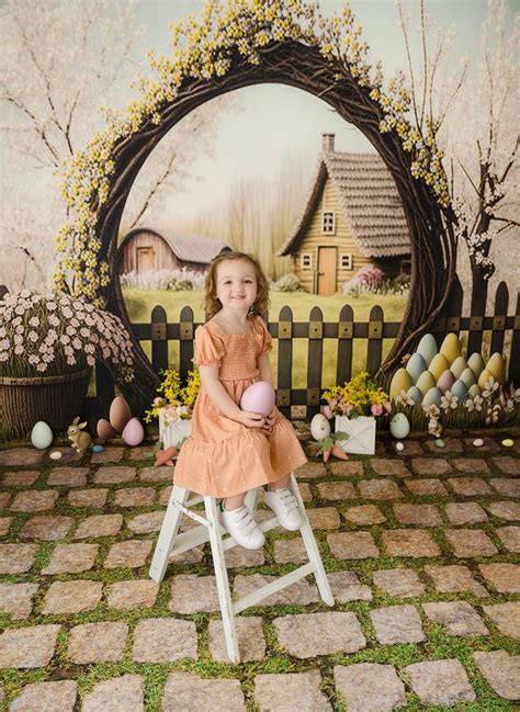 Surreal Easter Village Floral Archway Photography Backdrop Eggs