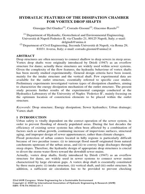 Hydraulic Features Of The Dissipation Chamber For Vortex Drop Shafts