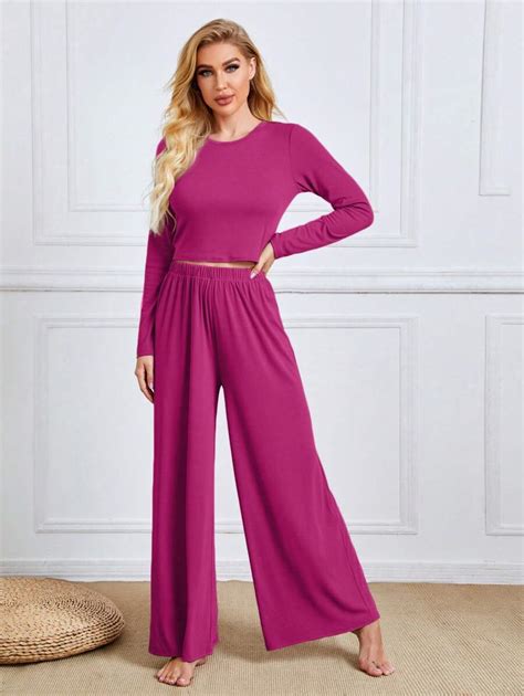 Solid Crop Tee Wide Leg Pants Lounge Set Shein Usa