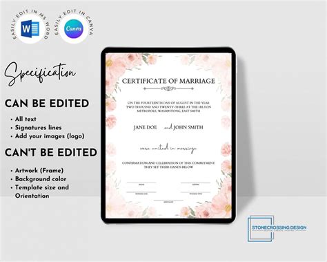 Editable Certificate Of Marriage Template Marriage License Etsy