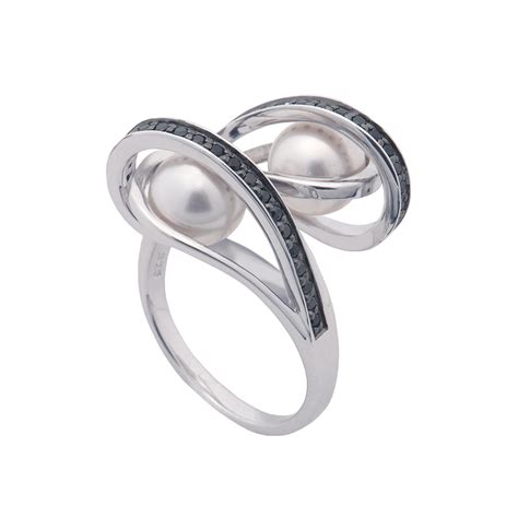 Sterling Silver Ring Set With Black CZ And White Shell Pearl Rhodium