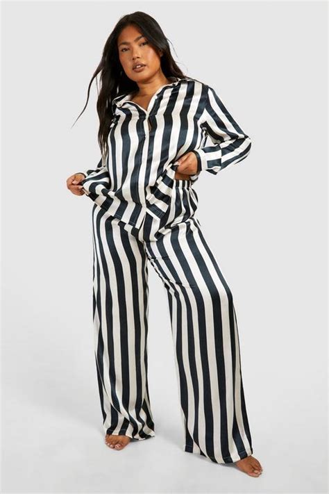 Plus Satin Stripe Pj Trouser Set Boohoo Uk