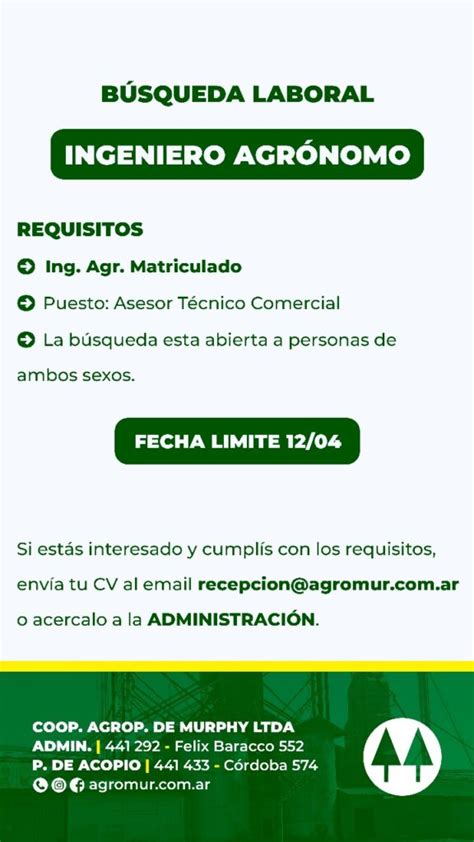 Búsqueda Laboral INGENIERO AGRÓNOMO MATRICULADO CIASFE4 Colegio de