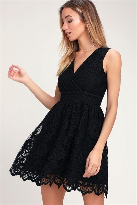 Brandi Black Lace Surplice Skater Dress Black Long Sleeve Dress Lace