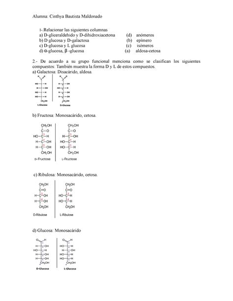 Cuestionario Carbohidratos 1 Las Siguientes Columnas A D