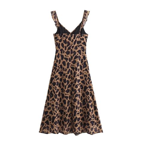 Traf Thin Chiffon Leopard Print Women Midi Dress Summer V Neck