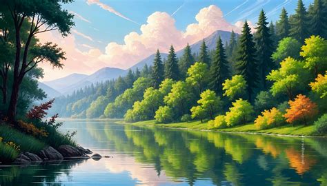 Digital art of nature landscape, river with mountains and trees in the background wallpaper ...