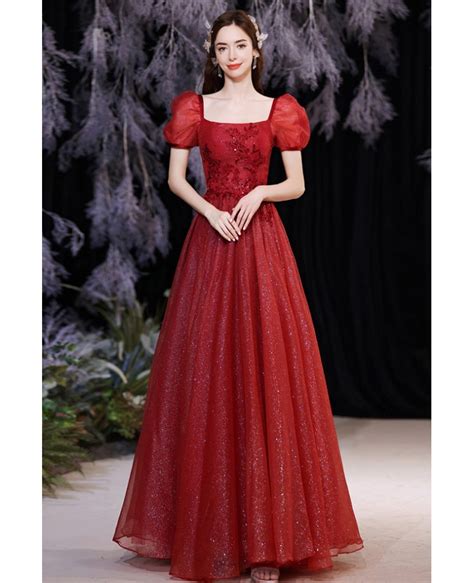 Red Square Neckline Aline Prom Dress Bling Tulle With Bubble Sleeves