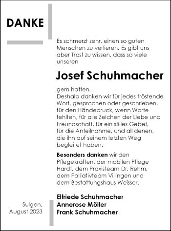 Traueranzeigen Von Josef Schuhmacher Schwarzw Lder Bote Trauer