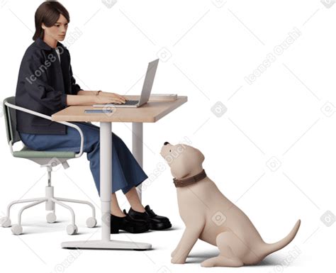 3d Young Woman Working With Dog Png Svg