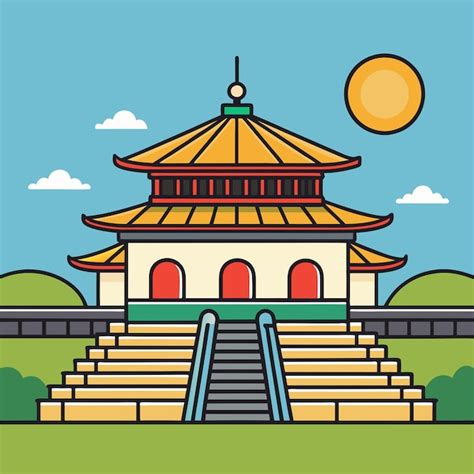 Un Dibujo De Una Pagoda Con Un Cielo Azul Y Nubes Vector Premium