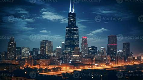 Night view of Willis Tower - formerly Sears Tower. Generative AI ...