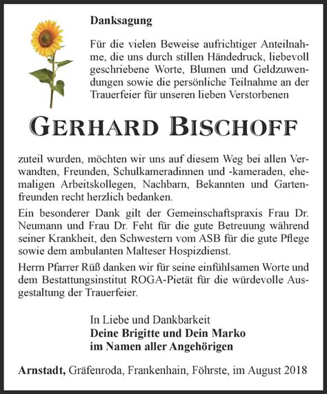 Traueranzeigen Von Gerhard Bischoff Trauer In Thueringen De