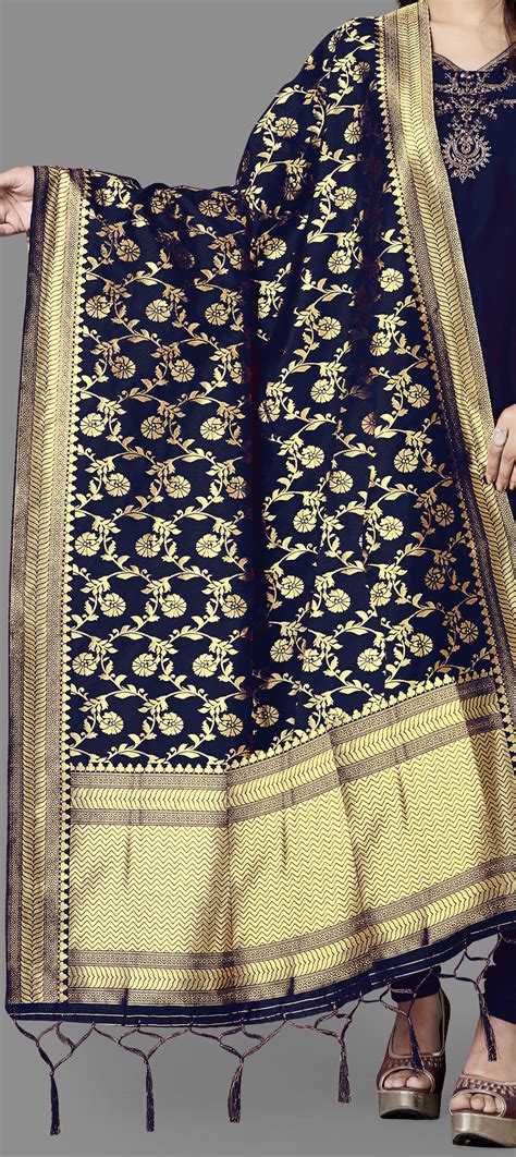 Party Wear Black And Grey Color Banarasi Silk Fabric Dupatta