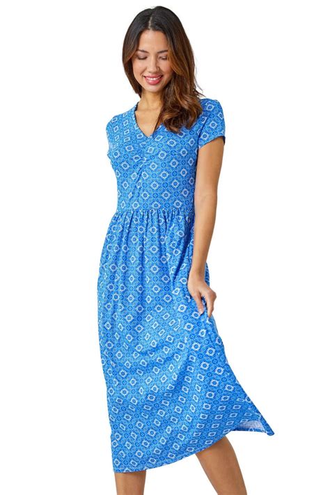 Roman Royal Blue Tile Print Midi Stretch Dress Matalan