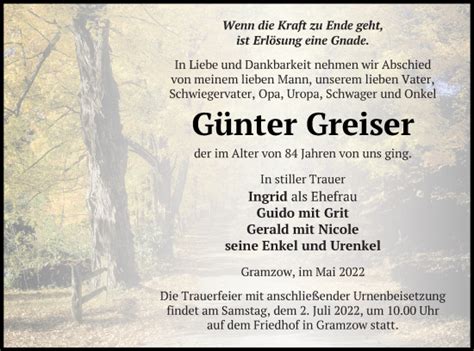 Traueranzeigen Von G Nter Greiser Trauer Nordkurier