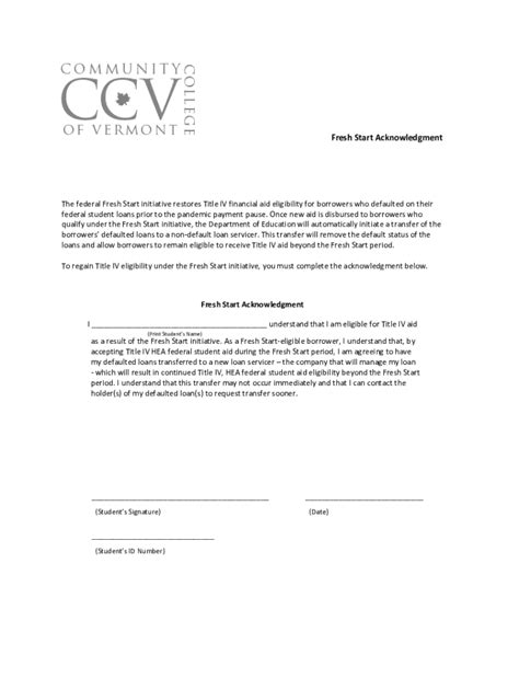 Fillable Online Fresh Start Acknowledgment Ccv Fax Email Print Pdffiller