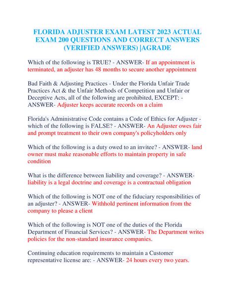 Florida Adjuster Exam Latest Actual Exam Questions And Correct