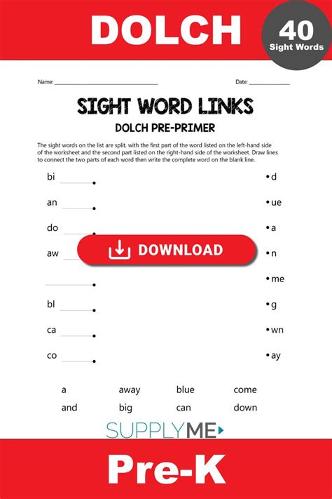 Pre Primer Dolch Sight Words Worksheets Word Links Pre K Preschool