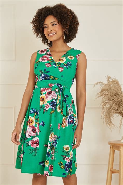 Mela Green Floral Wrap Over Midi Skater Dress Mela