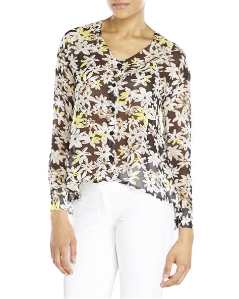 Philosophy V Neck Floral Sheer Hi Low Blouse In Floral Black Multi Lyst