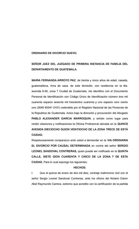 5 Demanda De Divorcio Por Causal Determinada Ordinario De Divorcio