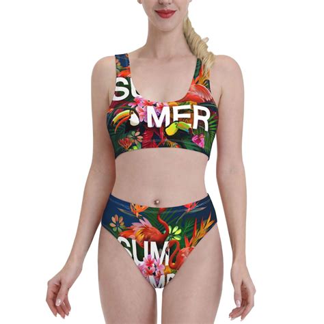 Balery Summer Birds And Flowers Women Bikini Swimsuit Tankini Set Piece Bathing Suit Scoop