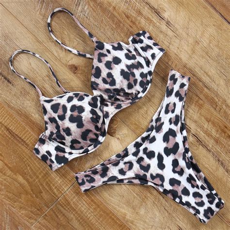 Sexy Leopard Bikinis Halter Swimsuit Thong Swimwear Women S Swimming Suit Push Up Bathing Suit