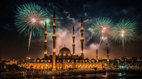 Feux D artifice Sur Une Mosquée Avec Un Feu D artifice En Arrière plan