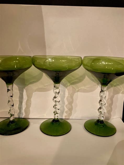 Set Of 3 Twisted Green Cordial Glasses Vintage Barware Bar Etsy