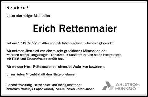 Traueranzeigen Von Erich Rettenmaier Schwaebische De Trauerportal