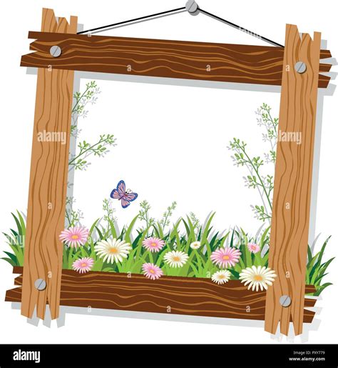 Wooden Frame Template With Flowers And Grass Illustration Stock Vector