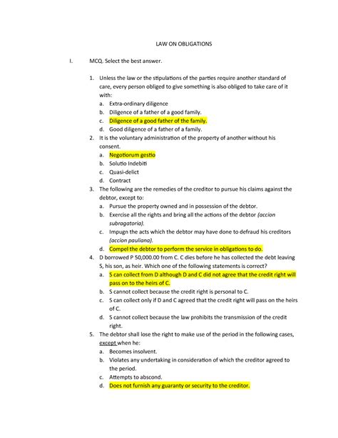 Final Exam Law On Obligations And Contracts Compress Law On