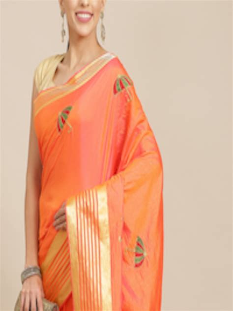 Buy Anouk Peach Coloured Gold Ethnic Motifs Silk Blend Saree Sarees