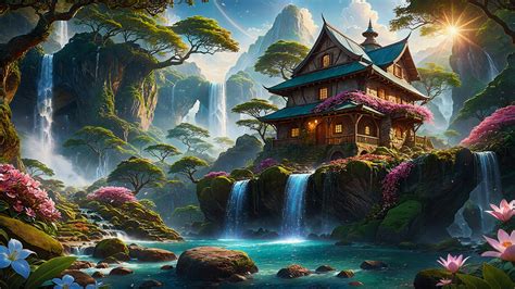 Fantasy Forest House Waterfall 4K #8153a Wallpaper iPhone Phone