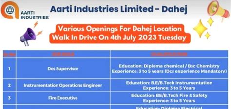 Aarti Industries Ltd Dahej Bharuch Walk In Interview For Production