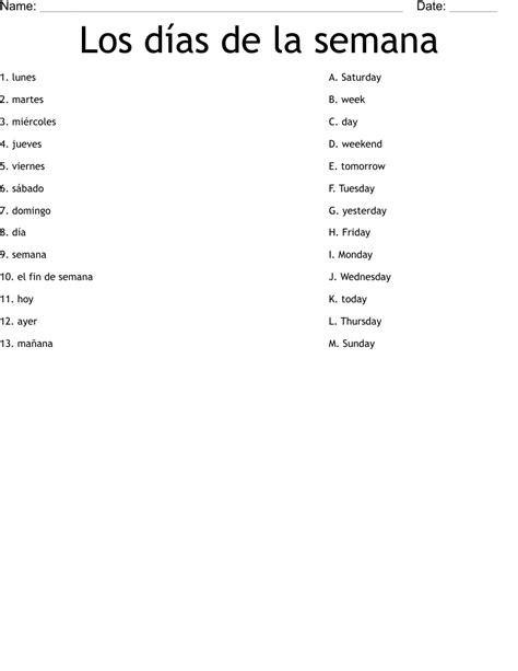 Worksheet Matching Dias De La Semana