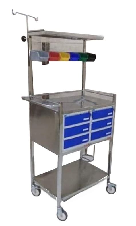 Silver And Blue Mild Steel Crash Cart Trolley For Hospital Size 6