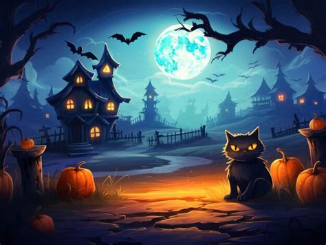 Castillo De Halloween Con Gato Negro Frente A La Luna Foto Premium