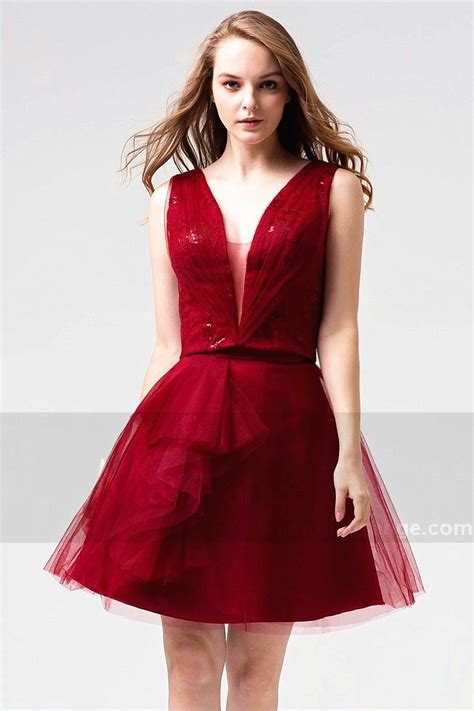 Robe Cocktail Pour Mariage Rouge Bordeaux Courte Dentelle Sexy Chic