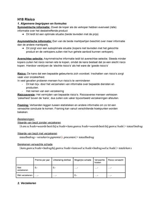 Economie Samenvatting Concept G Risico En Informatie H Risico