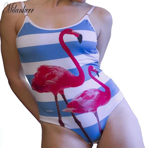 Sexy Flamingo One Piece Swimsuit Striped Swimwear Women Summer Beach