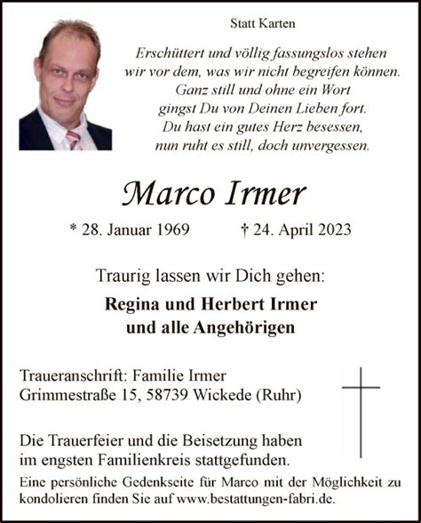 Traueranzeigen Von Marco Irmer Trauer Nrw