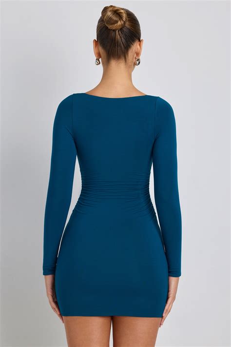 Sana Ruched Long Sleeve Mini Dress In Deep Teal Oh Polly