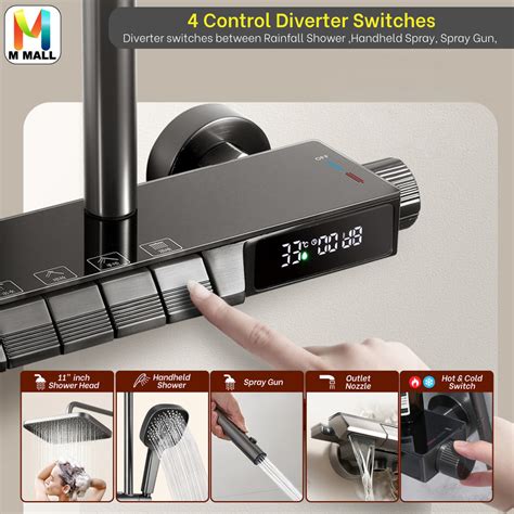 MCPRO Stainless Steel Wall Mount GUN GREY RAINFALL DIGITAL SHOWER SET Mode Shower Mixed Hot