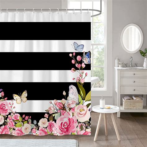 Spxubz Pink And Black Shower Curtain Floral Girly White Stripped Flowers Butterfly Leaves