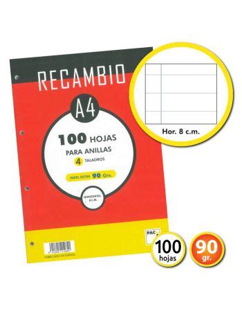 RECAMBIO A4 4 ANILLAS RAYADAS 100 HOJAS 90GR M2 PACSA 21262