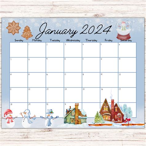 Editable January 2024 Calendar Beautiful Winter Happy New Year