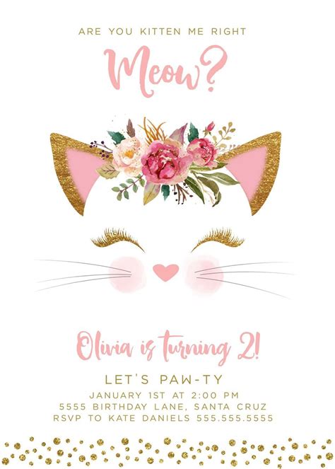 Kitten Birthday Invitation Invites Digital Cat Pink Gold Glitter