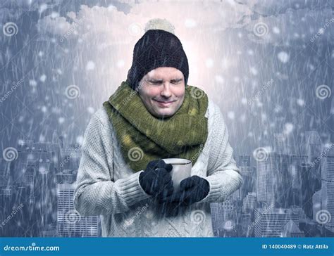 Boy Freezing In Cold Weather With City Concept Stock Image Image Of